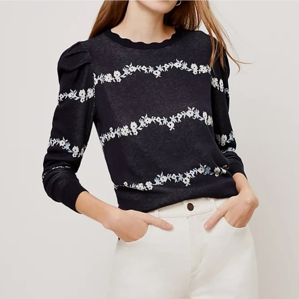 Loft Womens Puff Sleeve Sweater Forever Navy Size Small